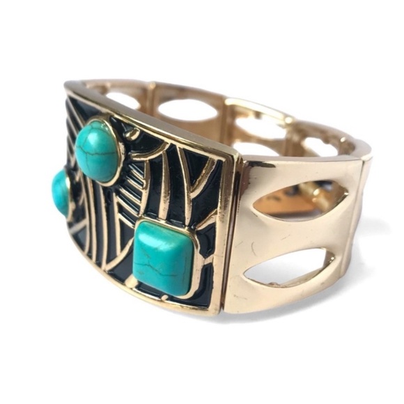 New Western Chic Wide Stretchy Bangle Style Turquoise Gold Tone Bracelet - Picture 2 of 3